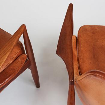 Ib Kofod-Larsen, a pair of teak and cognac coloured leather "Sälen" chairs, for Olof Perssons Fåtöljindustri (OPE), Sweden, 1950-60's.