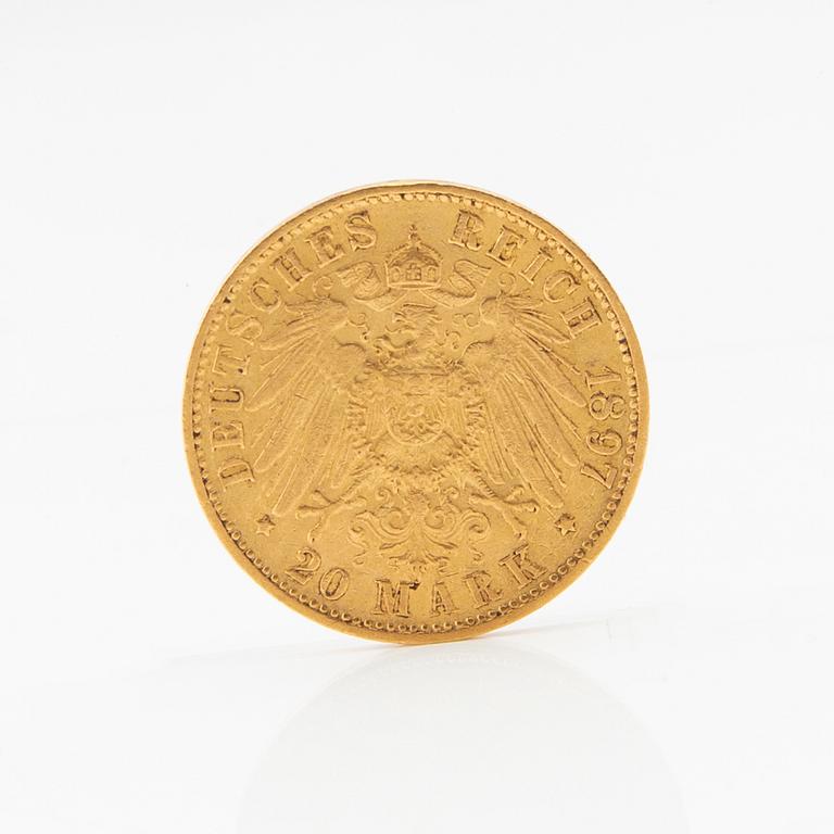 Gold coin 20 marks German Empire (Hamburg) 1897.