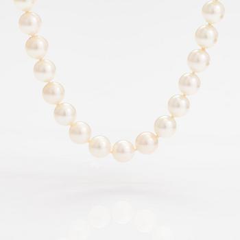 A pealr collier with cultured pearls and a metal clasp.