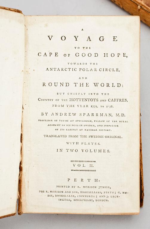 BOK, 2 vol, "A voyage to The Cape of Good Hope...round the world..." av A. Sparrman, Perth 1789.