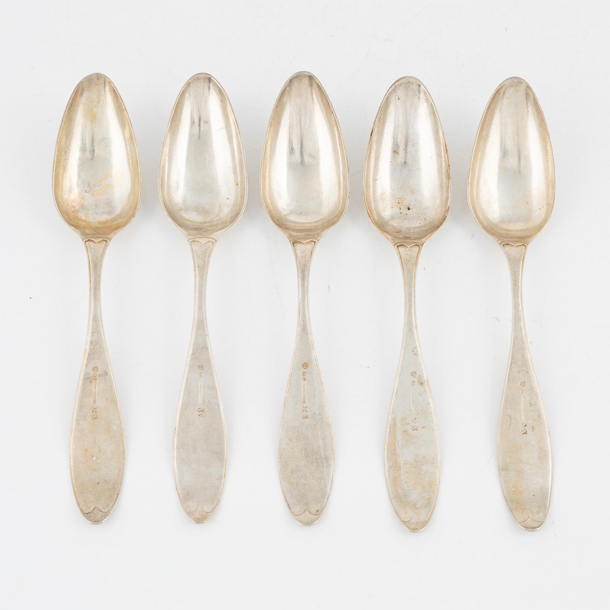 A set of five silver dining spoons, mark of Bengt Tornberg, Linköping 1828.