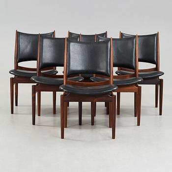 Finn Juhl, A set of six Finn Juhl 'Egyptian Chairs' in rosewood and black original upholstery, by Niels Vodder, Denmark 1950-60's.