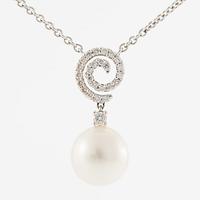 Necklace, 18K white gold with a pearl and brilliant-cut diamonds.