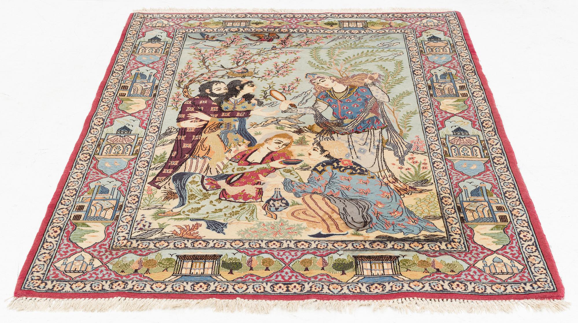A figural Isfahan part silk rug, old, c. 167 x 113 cm.