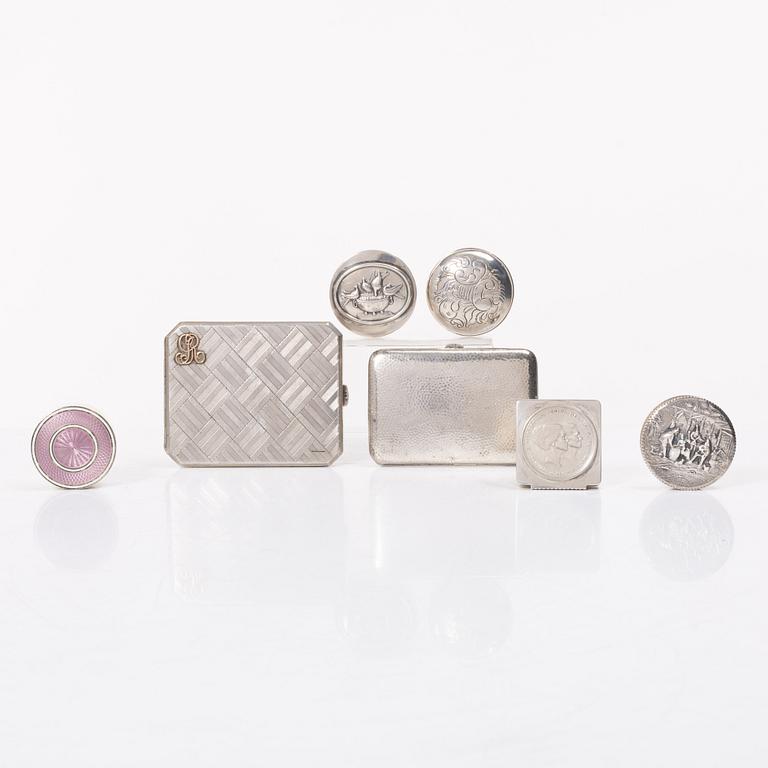 Seven silver boxes and cigarette cases, including with mark of Carl Fredrik Hultbom, Stockholm 1841.