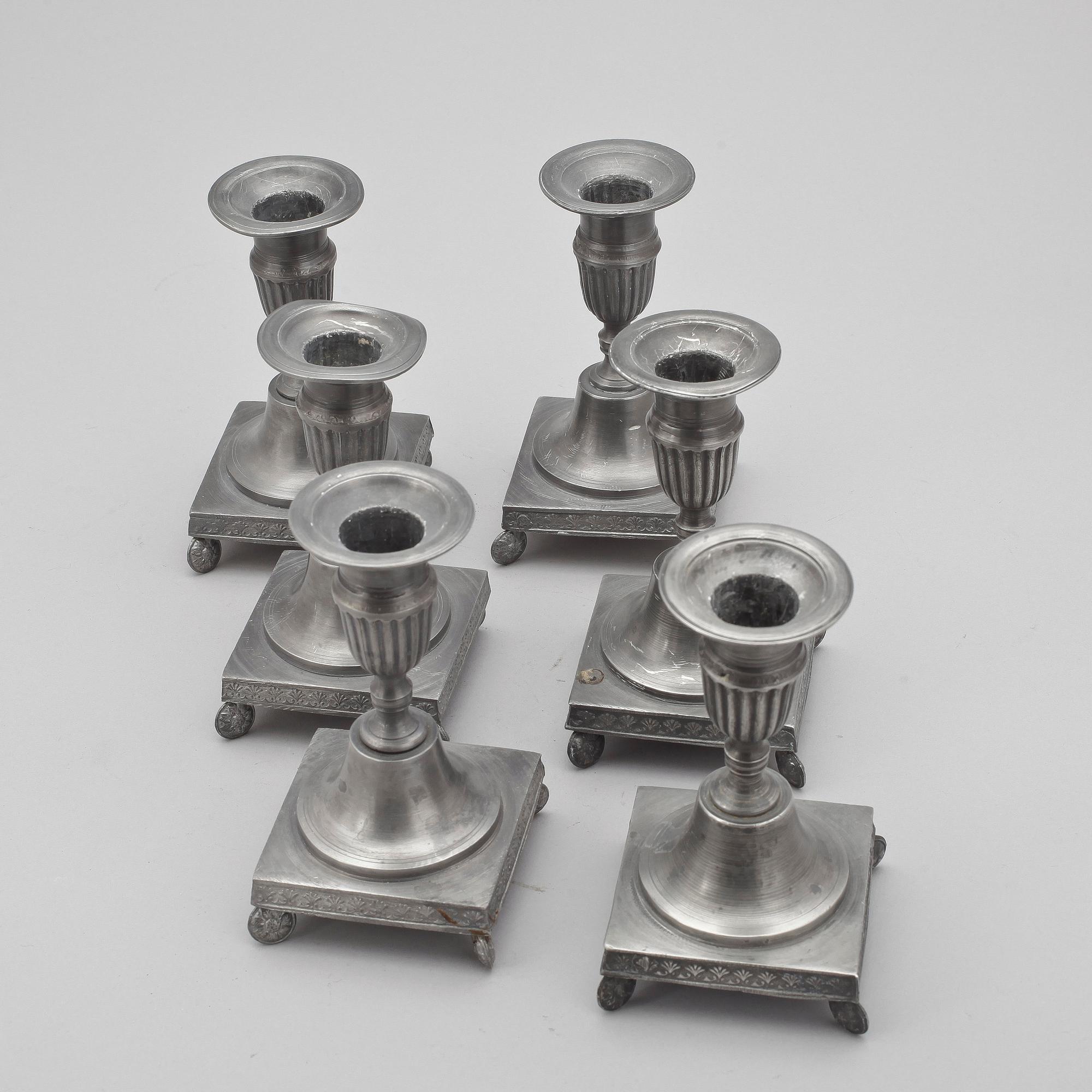 LJUSSTAKAR, 6 st, tenn, sengustaviansk stil, 1900-talets senare del.