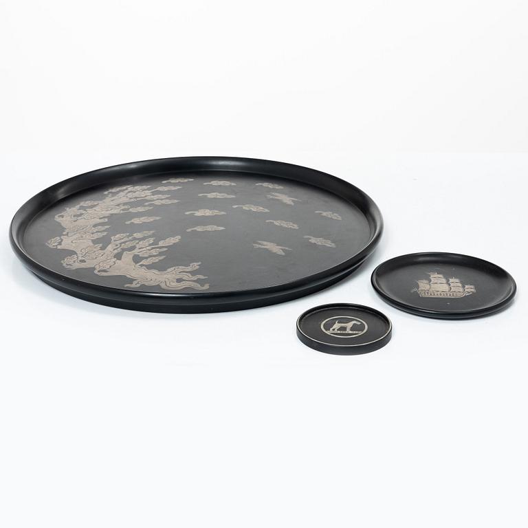 Brickor och coaster, 3 delar, bakelit och silver, Perstorp Ab 1960-tal.