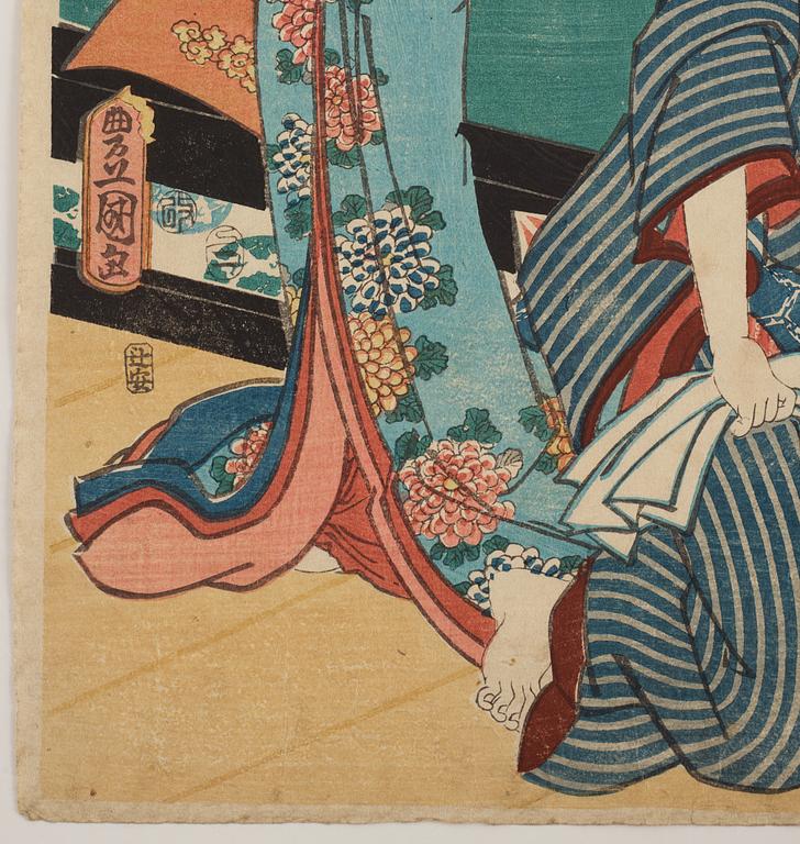 TRÄSNITT, två stycken. Toyokuni, efter. Japan,  1800-tal.