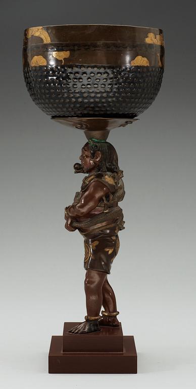 A Japanese bronze sculpture with a bowl, Meiji.