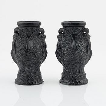 A pair of Chinese double dragon-fish vases with seal marks, 20th Century.