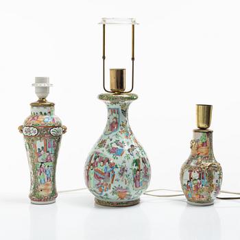 Bordslampor, 3 st, porslin, Kanton, Kina, Qingdynastin, 1800-tal.
