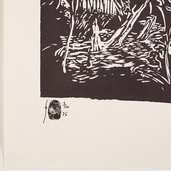 Barry Flanagan, linoleum cut. Signed and numbered 3/10. Dated - 75.