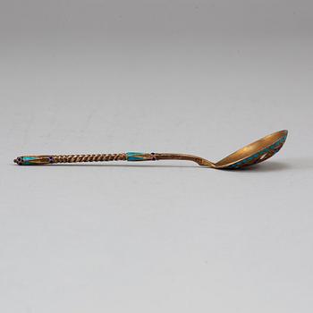 A set of twelve 19th century silver-gilt and cloisonné enameled tea-spoons, marked Gustav Klingert, Moscow 1880's.