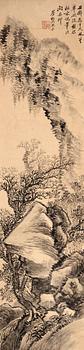 174. A hanging scroll of a landscape in the style of the Yuan artist Ke Jiusi, by Jiang Jun (1847-1919), signed.