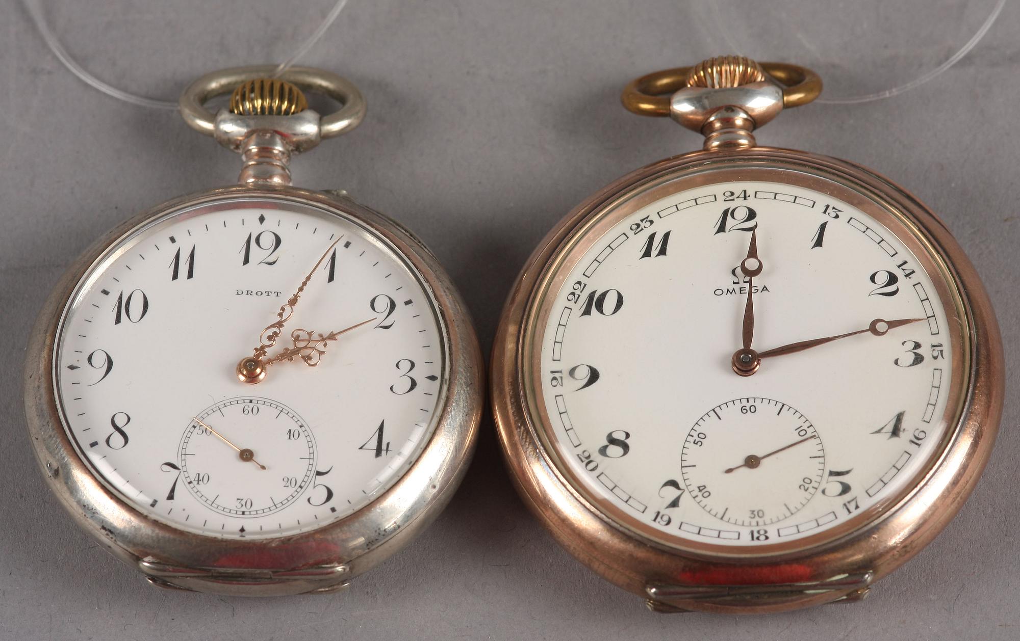 FICKUR, 2 st, Omega resp Drott, metall resp silver, 1900-tal.