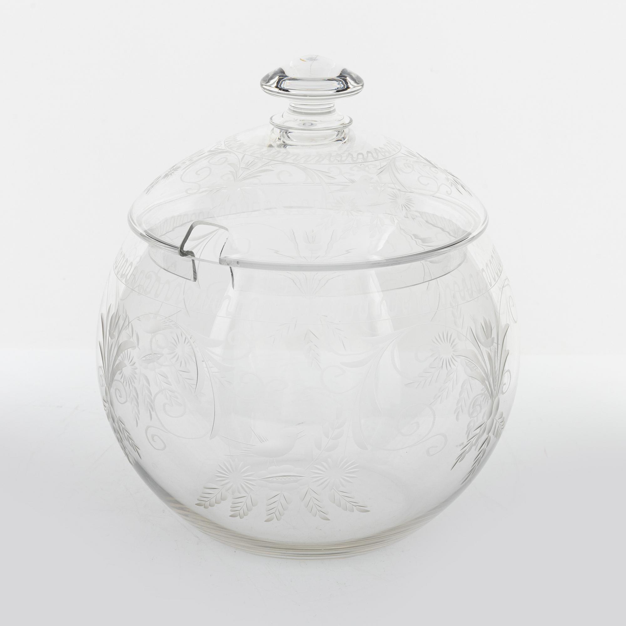 A punch bowl and mugs, glass, mid 20th century.