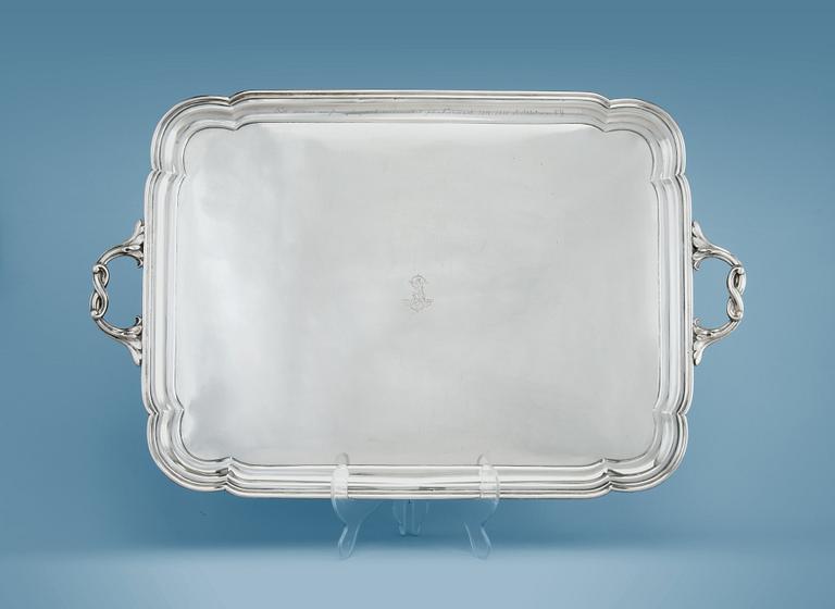 A TRAY, 84 silver. Nikolai Nikitin or Henrik Hacklin St. Petersburg 1857. Measurements 68x44 cm, weight 2830 g.