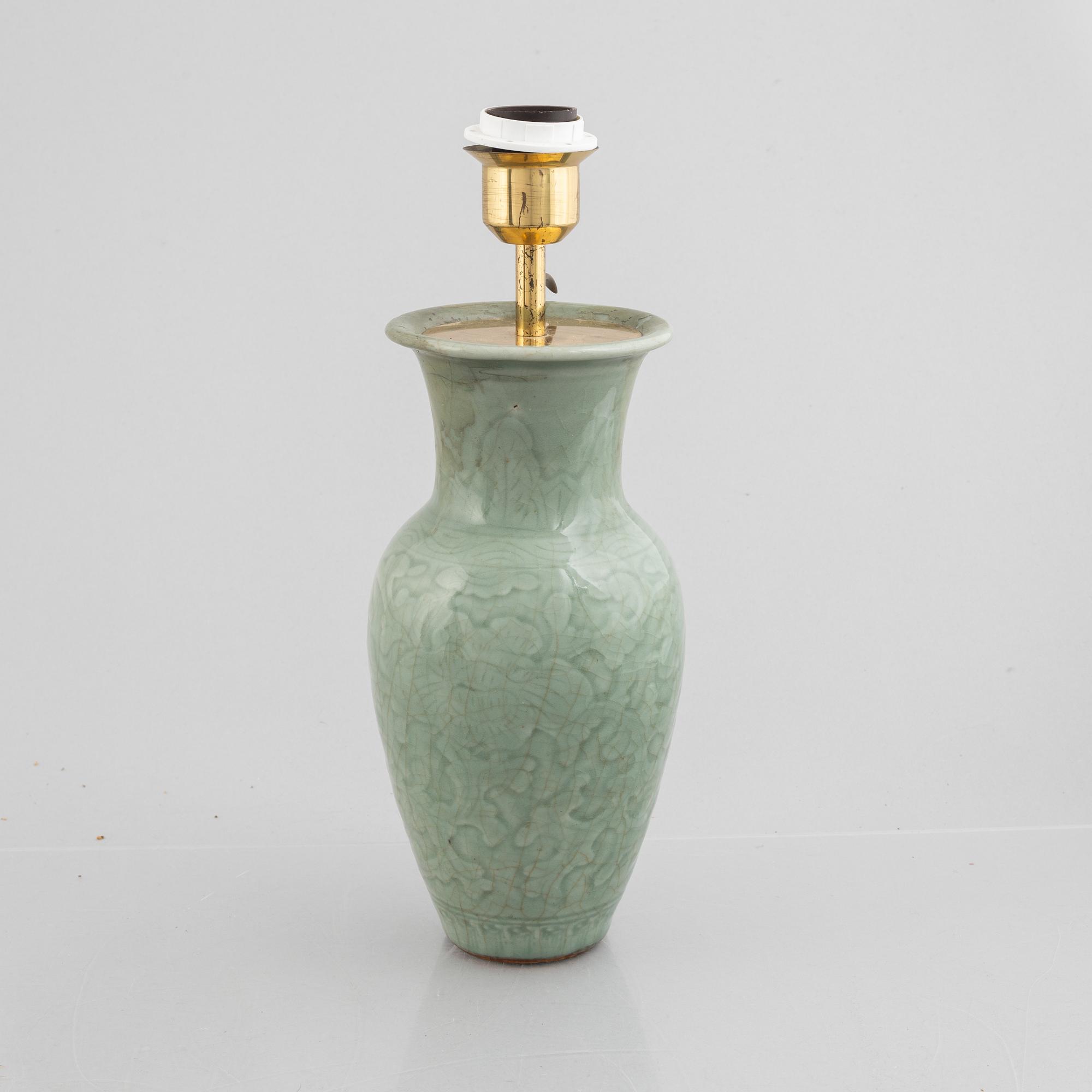 A Chinese celadon porcelain vase / table lamp, late Qing dynasty.