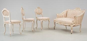 SOFFA samt STOLAR, 1+3, rokokostil, 1900-talets första hälft.