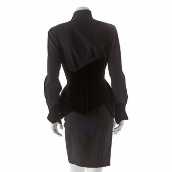 THIERRY MUGLER, a two-piece black wool and velvet dress consisting of jacket and skirt.