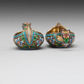 A pair of Russian silver-gilt and enameled kovsch/salts, unidentified makers mark, Moscow 1899-1908.