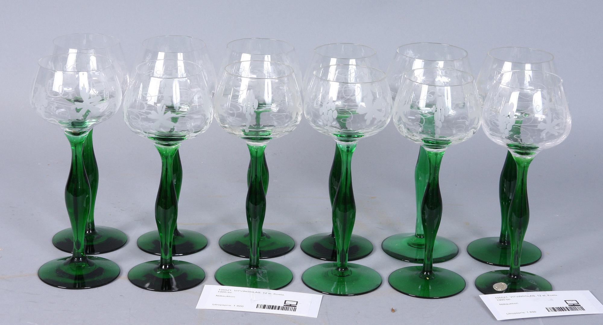 VITVINSGLAS, 12 st, Kosta, 1900-tal.