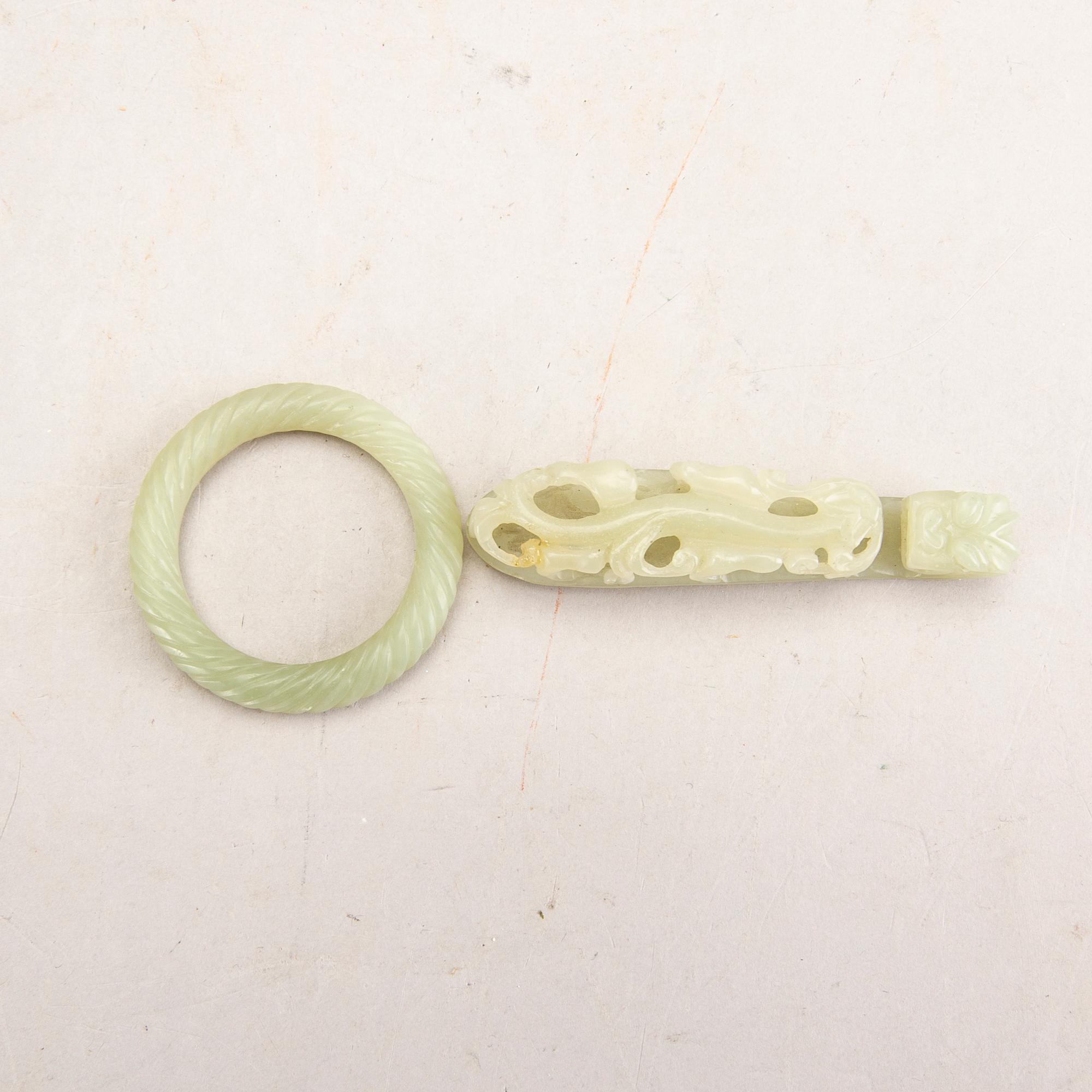 A Chinese nephrite belt hook and bangle, 20th Century.
