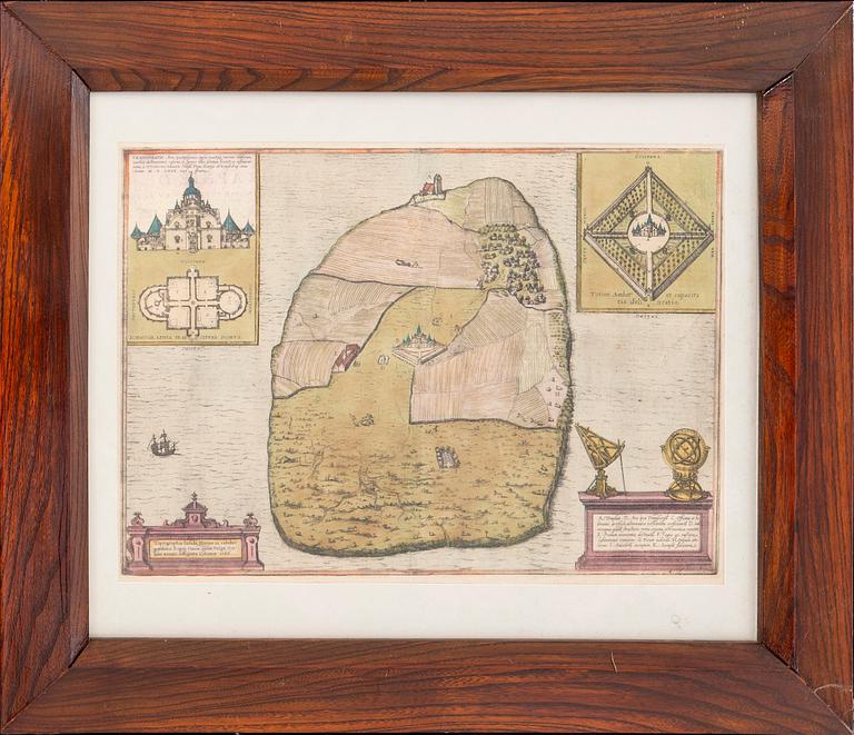 Georg Braun & Frans Hogenberg, a map of Ven / Hven, hand colored copper engraving, Cologne c 1586.