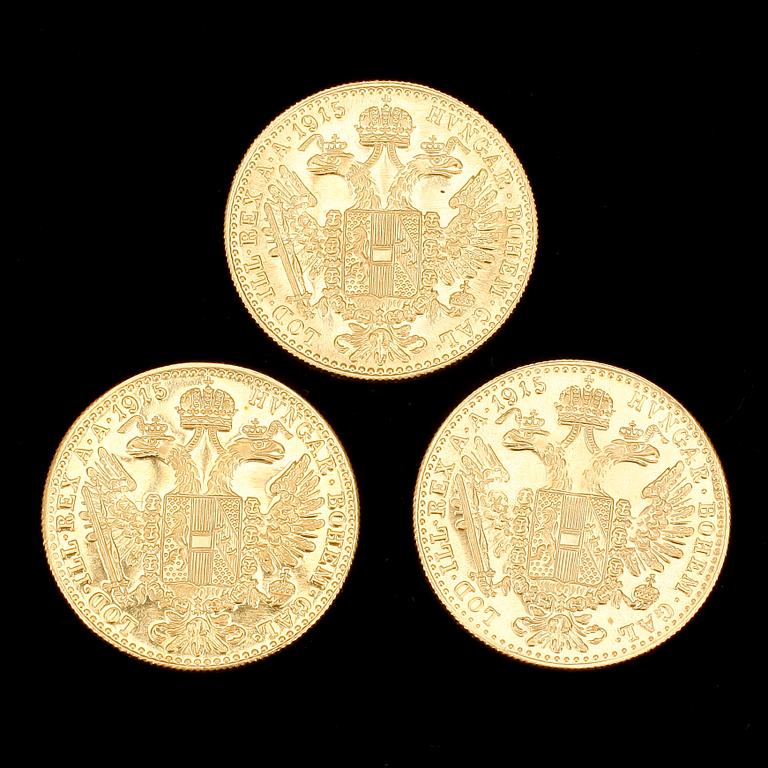 GULDMYNT, 3 st, Frans Josef I, Österrike-Ungern, bär dat 1915. Vikt 9 gr.