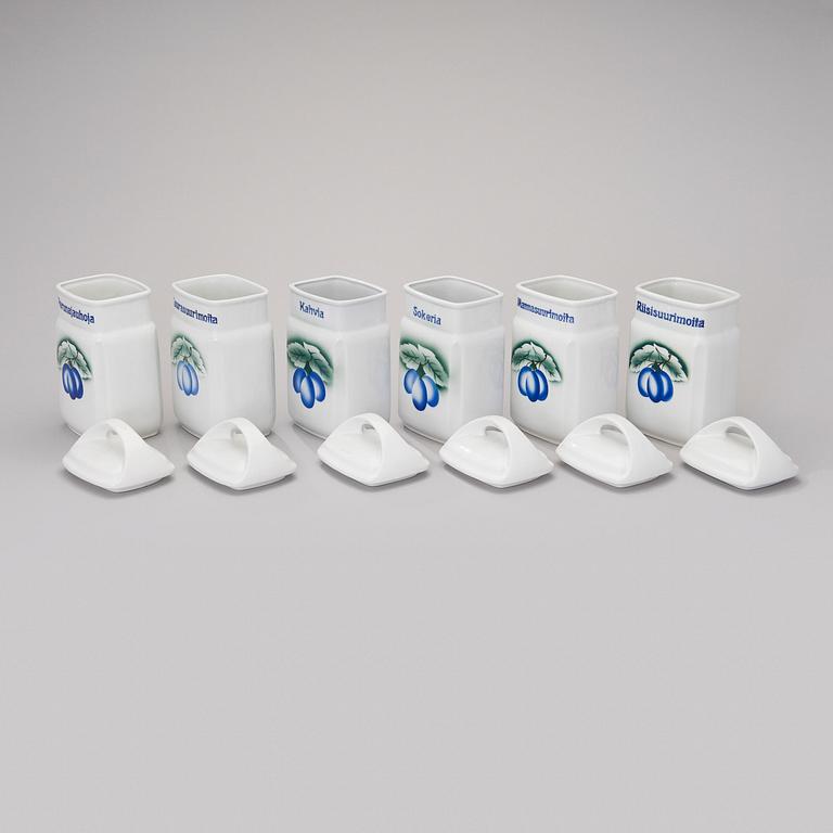 KRYDDBURKAR, 8 st, 1930-1940-tal och SKÄRBRÄDE, jubileumsår 1998, flintgods, Arabia Finland.