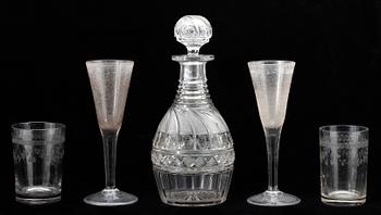 KARAFF samt GLAS, 5 delar, 17-1900-tal.