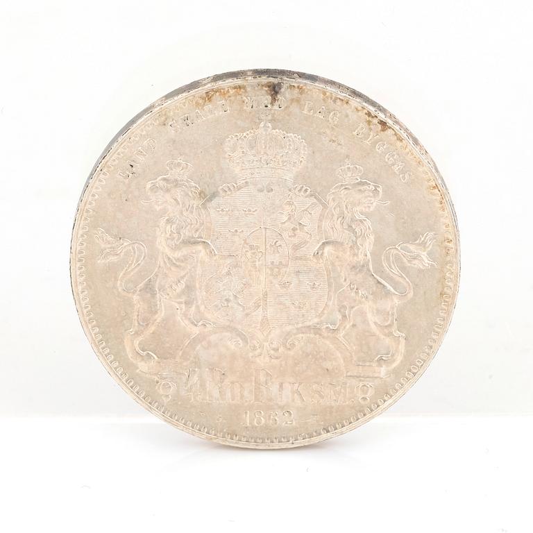 SILVERMYNT, 4 Riksdaler Riksmynt, Karl XV av Sverige o Norge 1862. Vikt ca 34 gram.