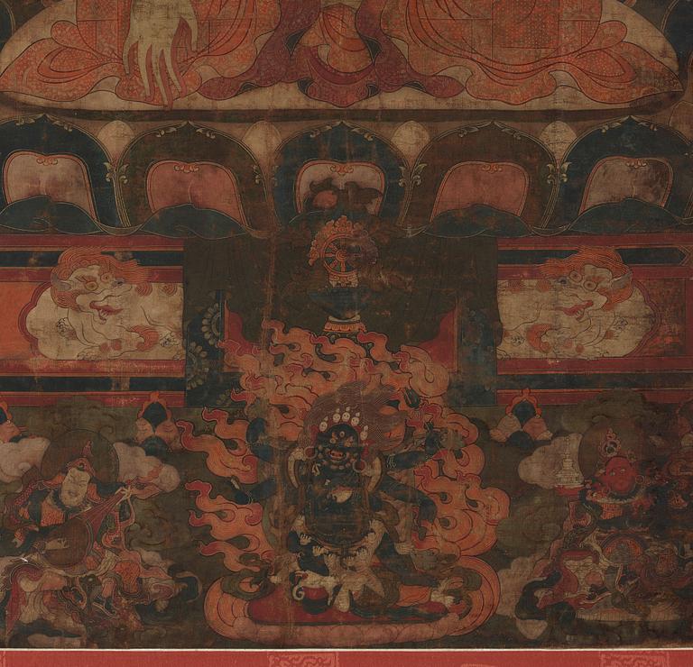 A Tibetan thangka of Shakyamuni Buddha with the eighteen  arhats, 18th century.