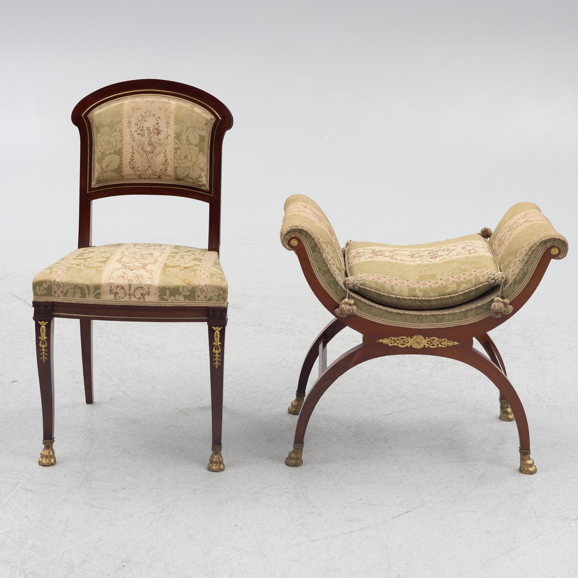 Sofa, 2 chairs, stool, table, Empire style, 5 pieces, 20th century.