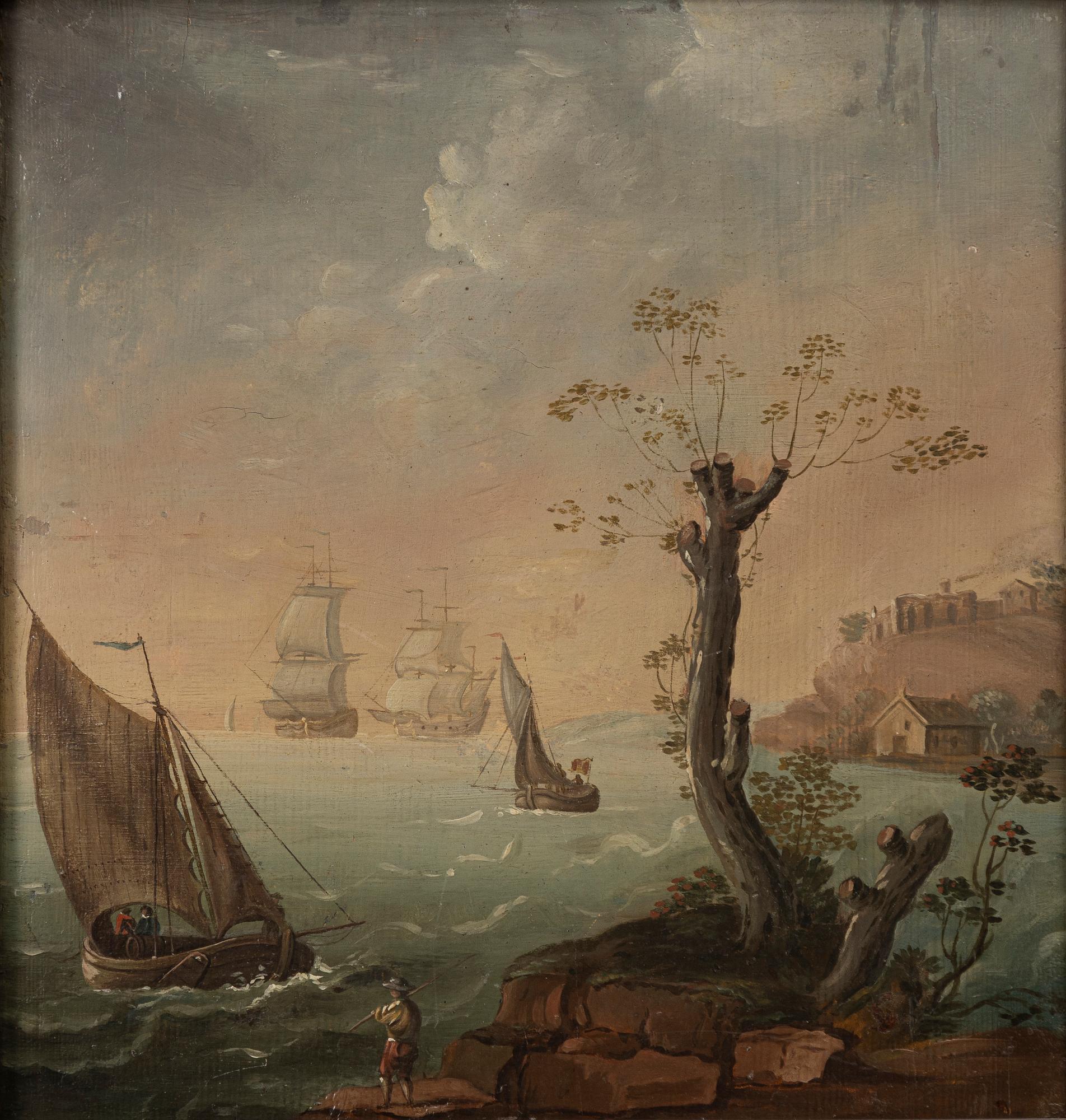 Unknown artist, circa 1800, Coastal landscape with figures, a pair.