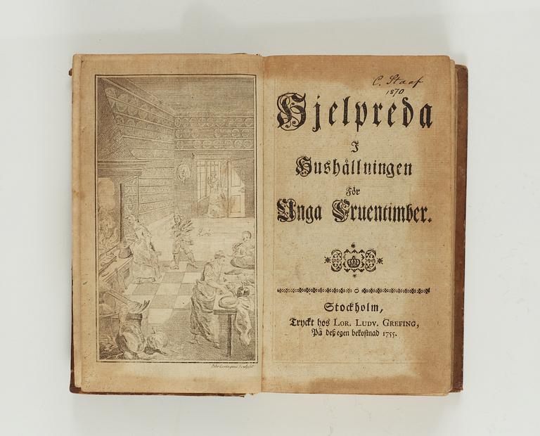 CAJSA WARG(1703-1769), HJELPREDA I HUSHÅLLNINGEN FÖR UNGA FRUENTIMBER, STOCKHOLM 1755.