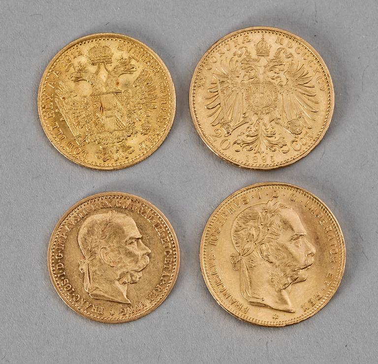 MYNT, 4 st, guld 21K, Franz Josef, Österrike-Ungern. 1892-1912. Totalvikt ca 19 gram.