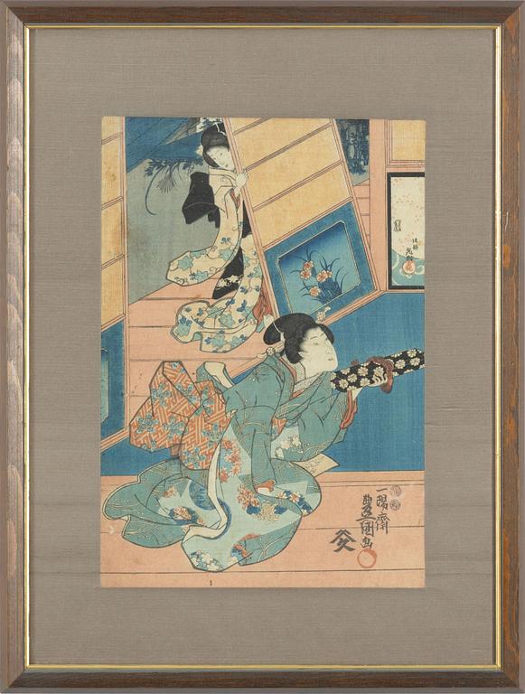 Utagawa Kunisada, a woodblock print triptych, 19th Century.
