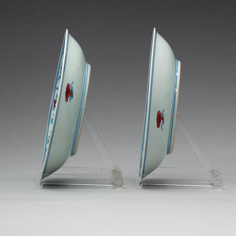Two doucai lotus dishes, late Qing dynasty with Qianlong seal mark.
