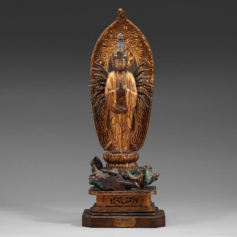 A Japanese wooden sculpture of Bodhisattva Kannon Senju, Edo period, 18th Century.