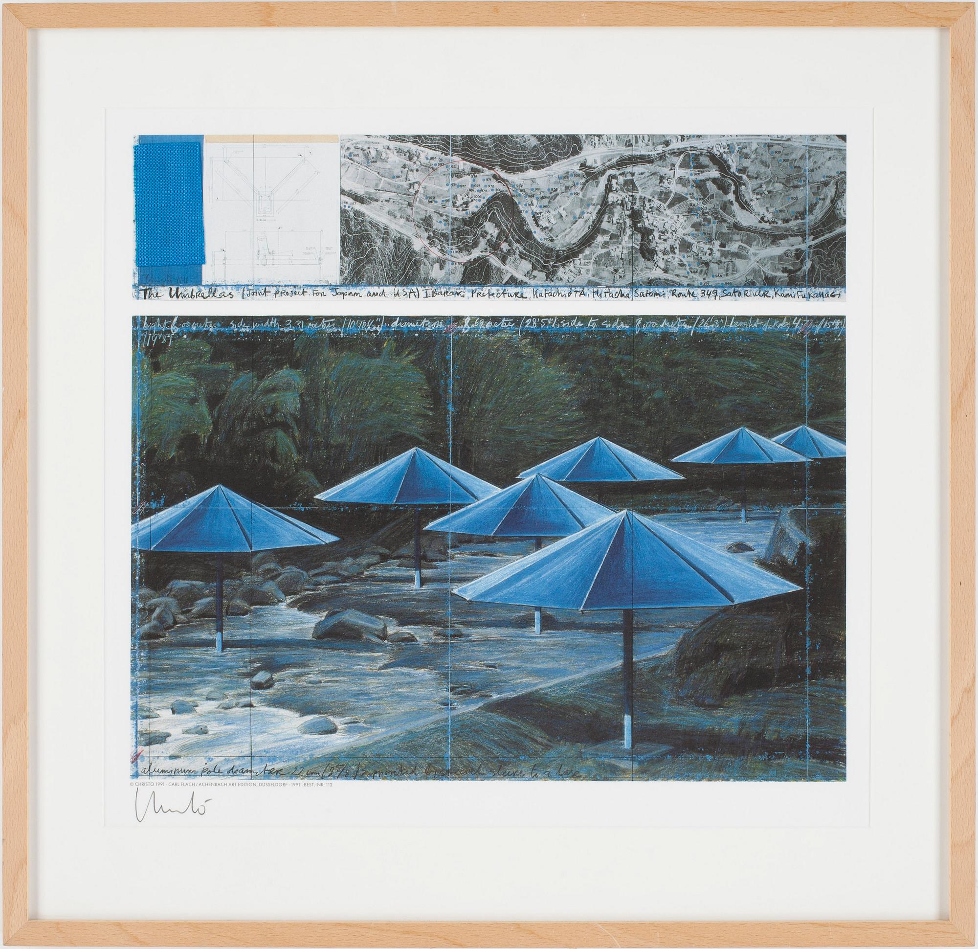 CHRISTO, 2,st, färgoffset med tygkollage, 1999, signerad, tryckt av Domberger och med deras blindstämpel.