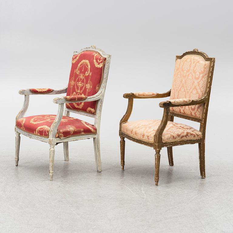 A pair of Louis XVI-style armchairs and a sofa, 20th century.
