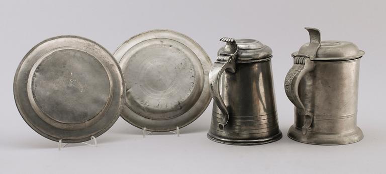 STOP, KANNA samt TALLRIKAR, 2 st, tenn, 1800-talets första hälft.