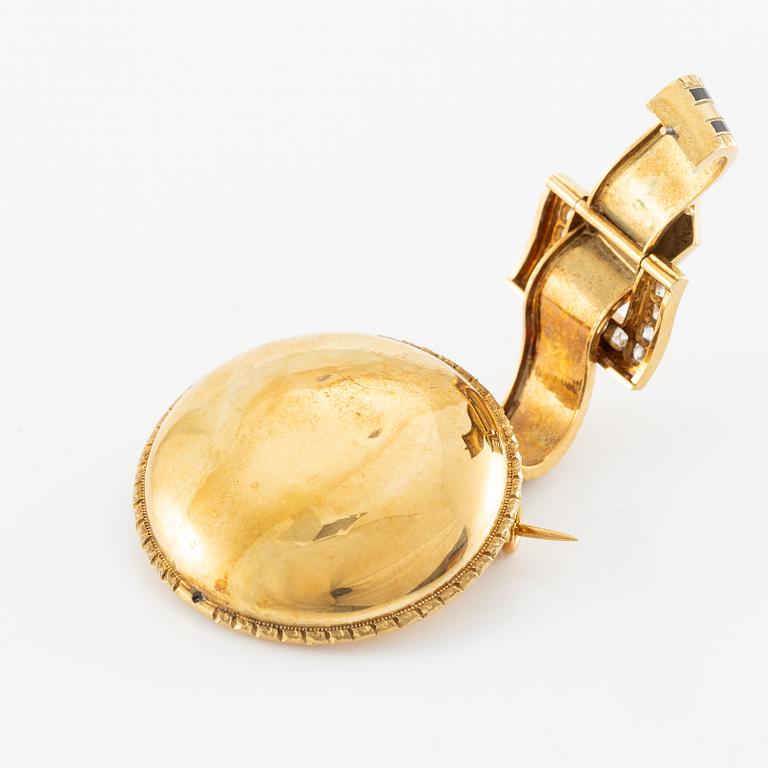 Brooch 18K gold with enamel and old-cut diamonds.