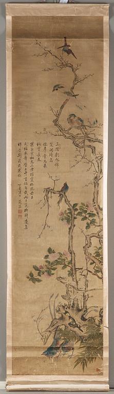 RULLMÅLNING, fåglar och blommande kamelia och prunus, sen Qingdynastin (1644-1912).