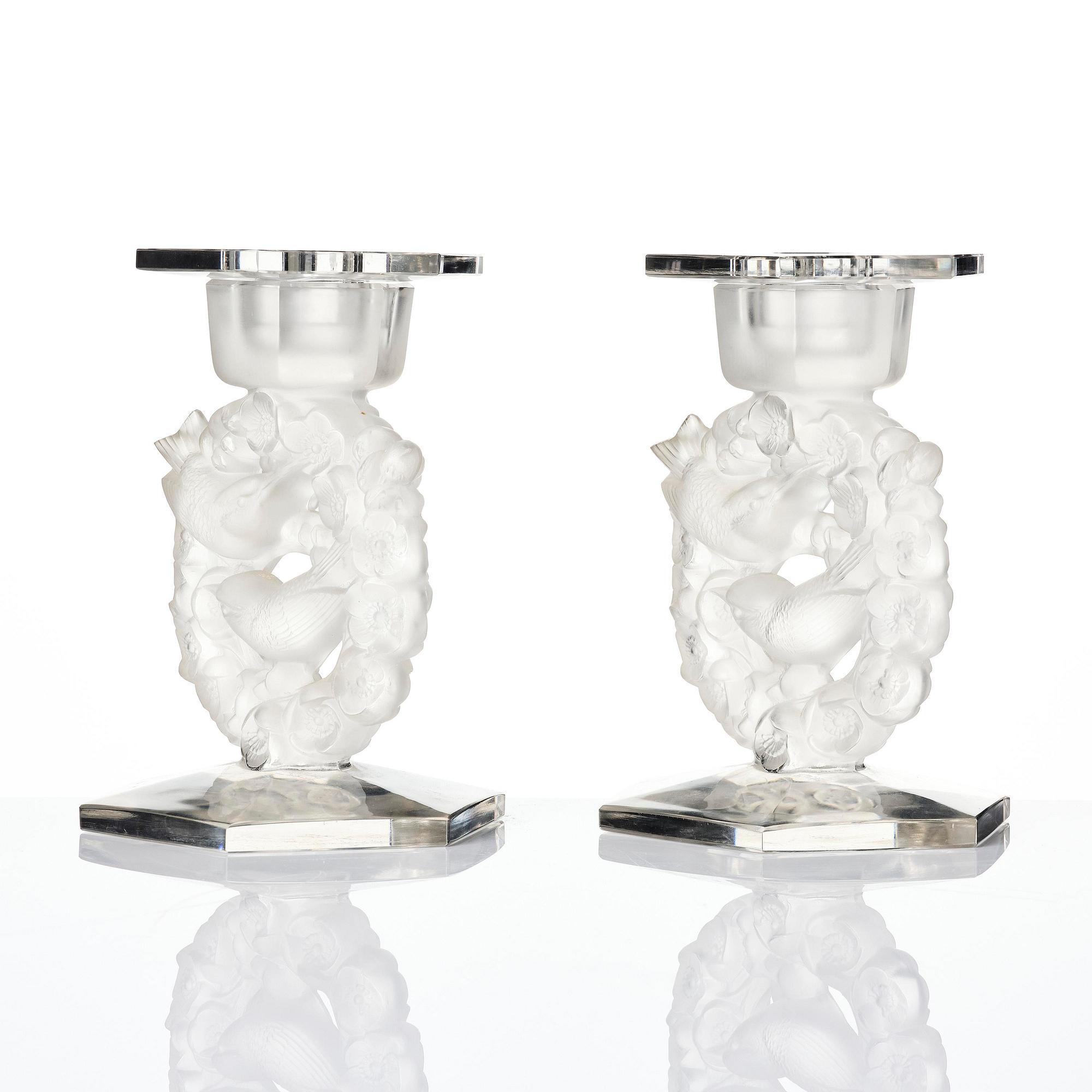 René Lalique, a pair of “Mésanges” cast glass candlesticks, France, post-1943.