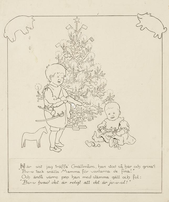 Elsa Beskow, Grizzle-guts by the Christmas tree.