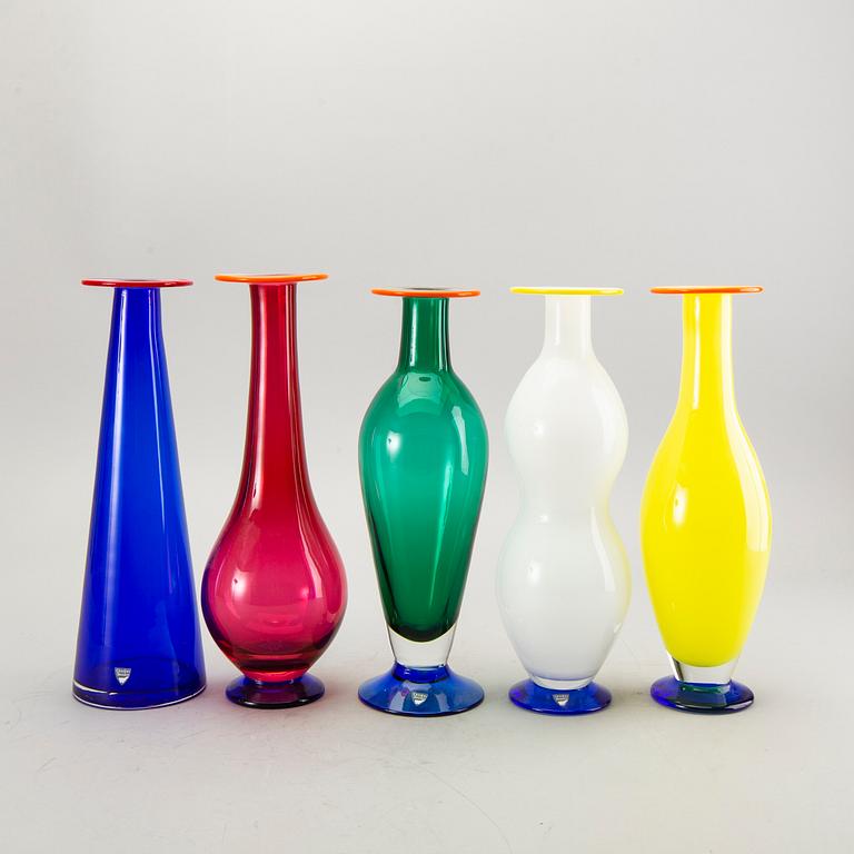 Anne Nilsson, a set of five glass vases Orrefors late 20th century.