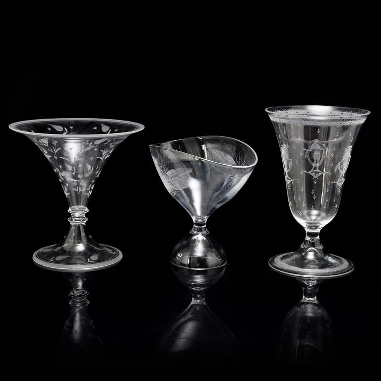 Three glass vases, from Orrefors and Kosta, first half of the 20th century.