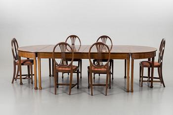 An early 20th century/20th century dining table and chairs, 3+6 pieces.